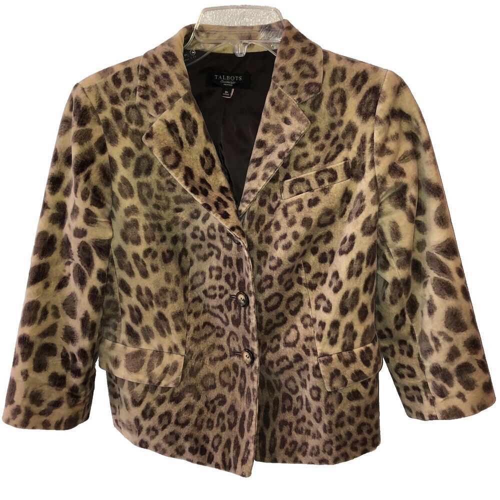 Talbots Petites Size 8P Velvet Velour Leopard Animal Print Lined Blazer Jacket 8